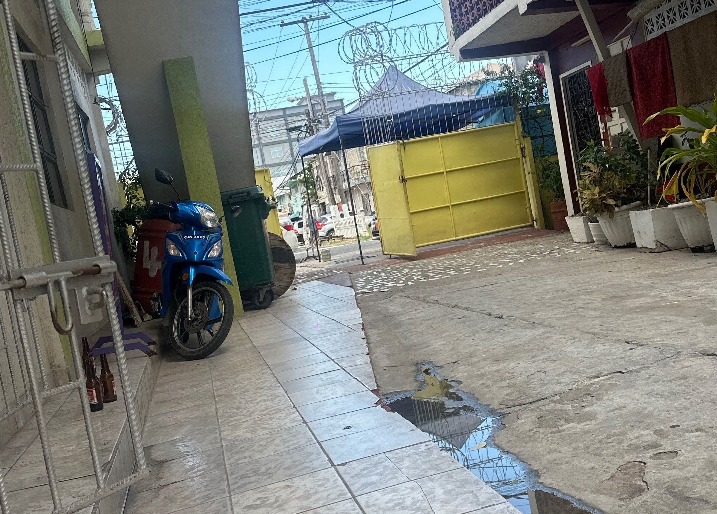 Entrance view at Beauty Canvas Studio, Georgetown, Demerara-mahaica, GY with plants and a blue motorbike.