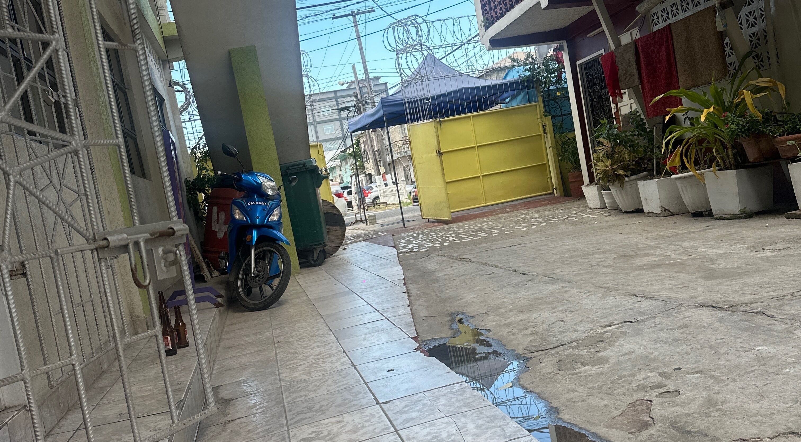 Entrance view at Beauty Canvas Studio, Georgetown, Demerara-mahaica, GY with plants and a blue motorbike.