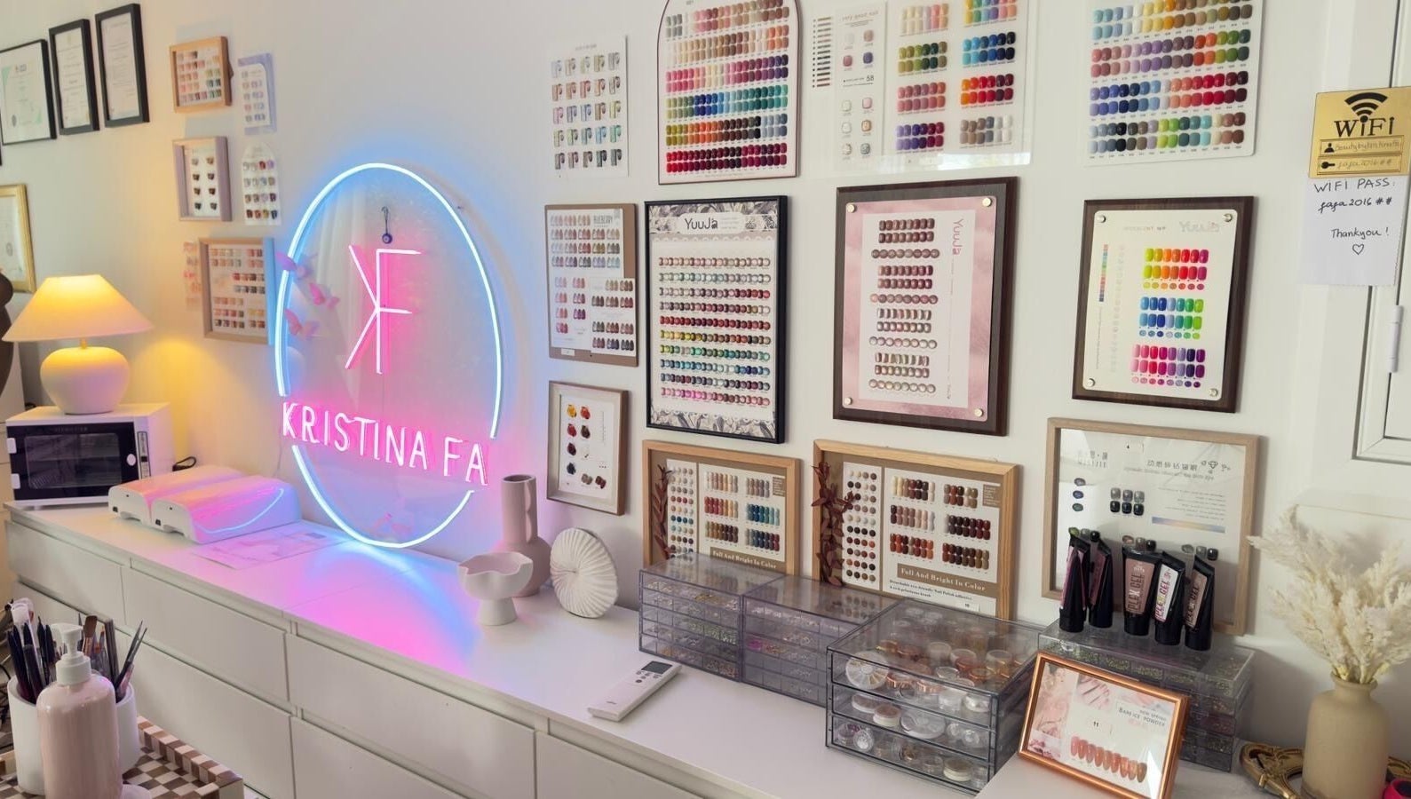 Illuminated nail color display at Beauty By Kristina Fa, Yagoona, New South Wales, AU showcasing vibrant options.