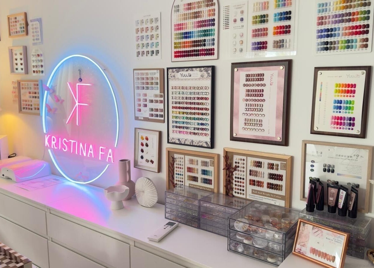 Illuminated nail color display at Beauty By Kristina Fa, Yagoona, New South Wales, AU showcasing vibrant options.