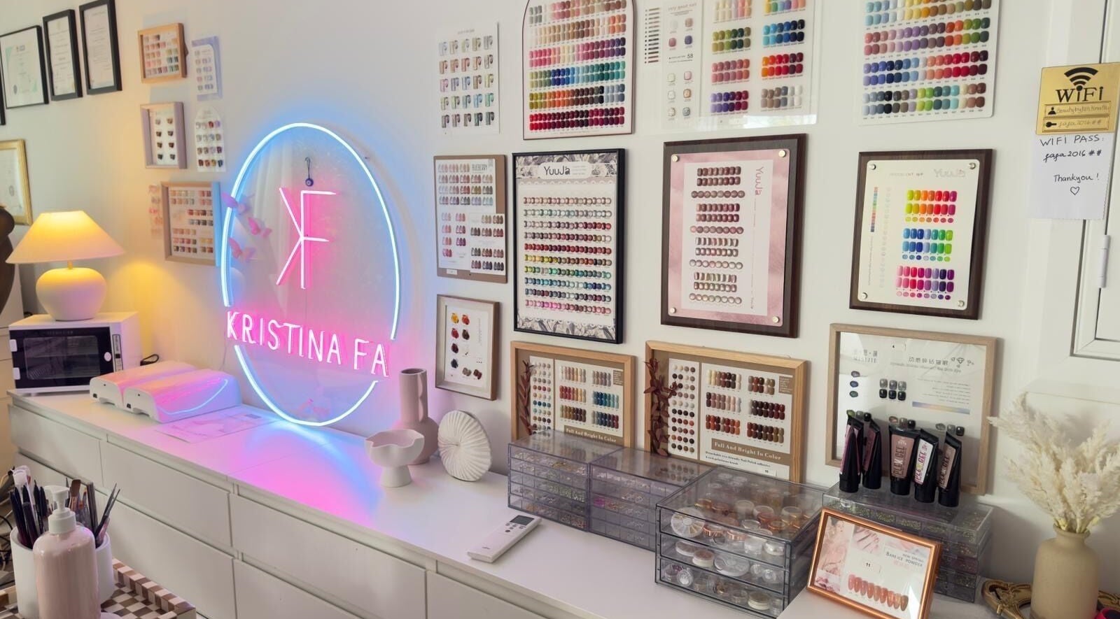 Illuminated nail color display at Beauty By Kristina Fa, Yagoona, New South Wales, AU showcasing vibrant options.