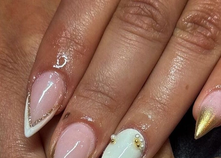 Elegant nail art with gold and pearl design at Beauty By Kristina Fa in Yagoona, New South Wales, AU.