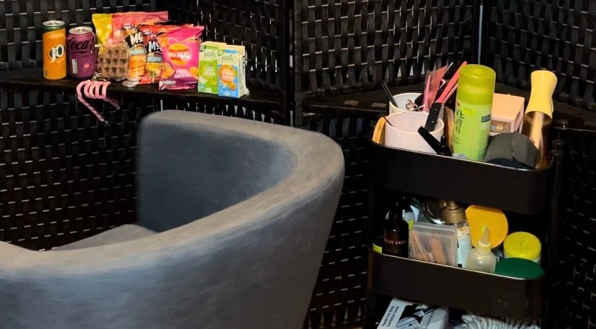 Beauty station at The Klocs Company, London, England, GB, featuring snacks and grooming products.