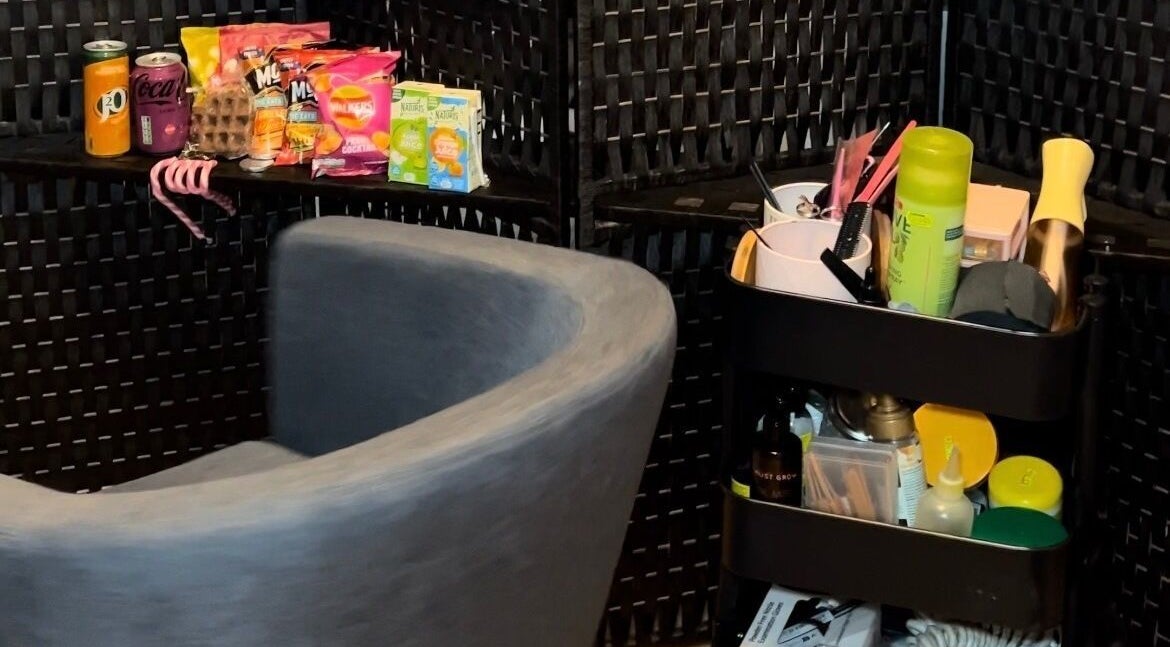 Beauty station at The Klocs Company, London, England, GB, featuring snacks and grooming products.