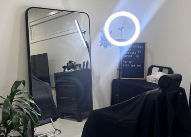 Modern salon setup at Fergo Blends, Leppington, New South Wales, AU. Features styling chair and ring light.