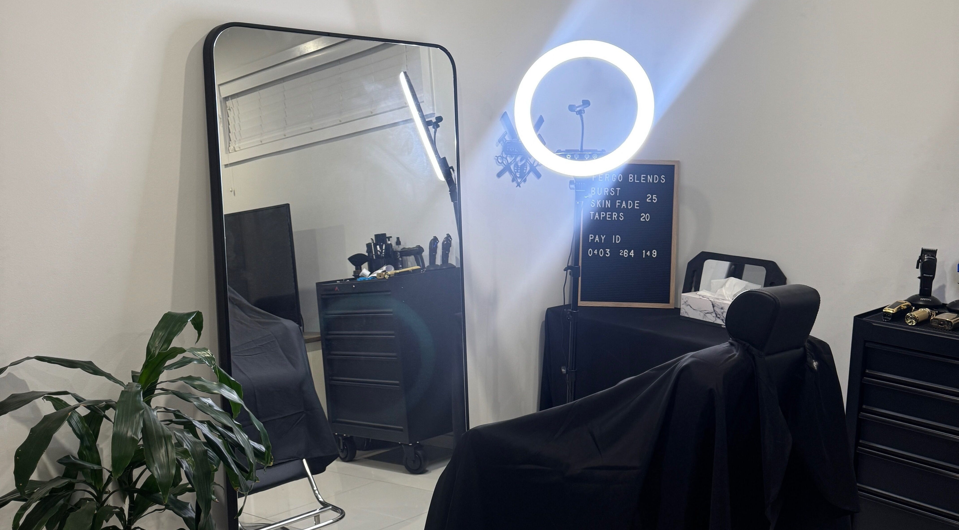 Modern salon setup at Fergo Blends, Leppington, New South Wales, AU. Features styling chair and ring light.