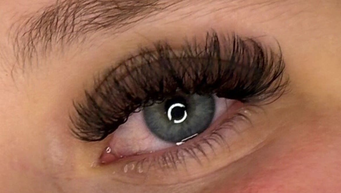Close-up of eyelash extensions at Winks and Minks in Elkhart, Indiana, US, showcasing precise lash work.