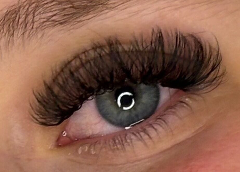 Close-up of eyelash extensions at Winks and Minks in Elkhart, Indiana, US, showcasing precise lash work.