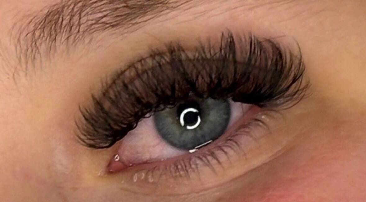 Close-up of eyelash extensions at Winks and Minks in Elkhart, Indiana, US, showcasing precise lash work.