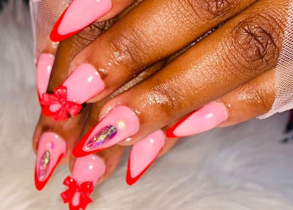 Red and pink nail art with gems at GlamourByRato, Maruping, Northern Cape, ZA.