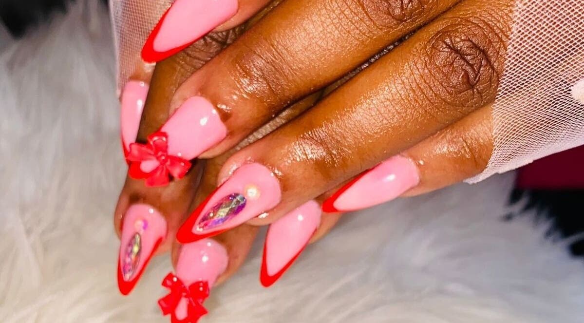 Red and pink nail art with gems at GlamourByRato, Maruping, Northern Cape, ZA.