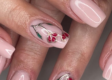 Elegant floral nail art at The Glam Lounge, Berea, Kwazulu-natal, ZA, showcasing delicate design.