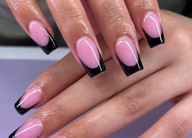 Elegant pink and black nail art at Nails by Ames, Pullman, Washington, US for a sophisticated look.