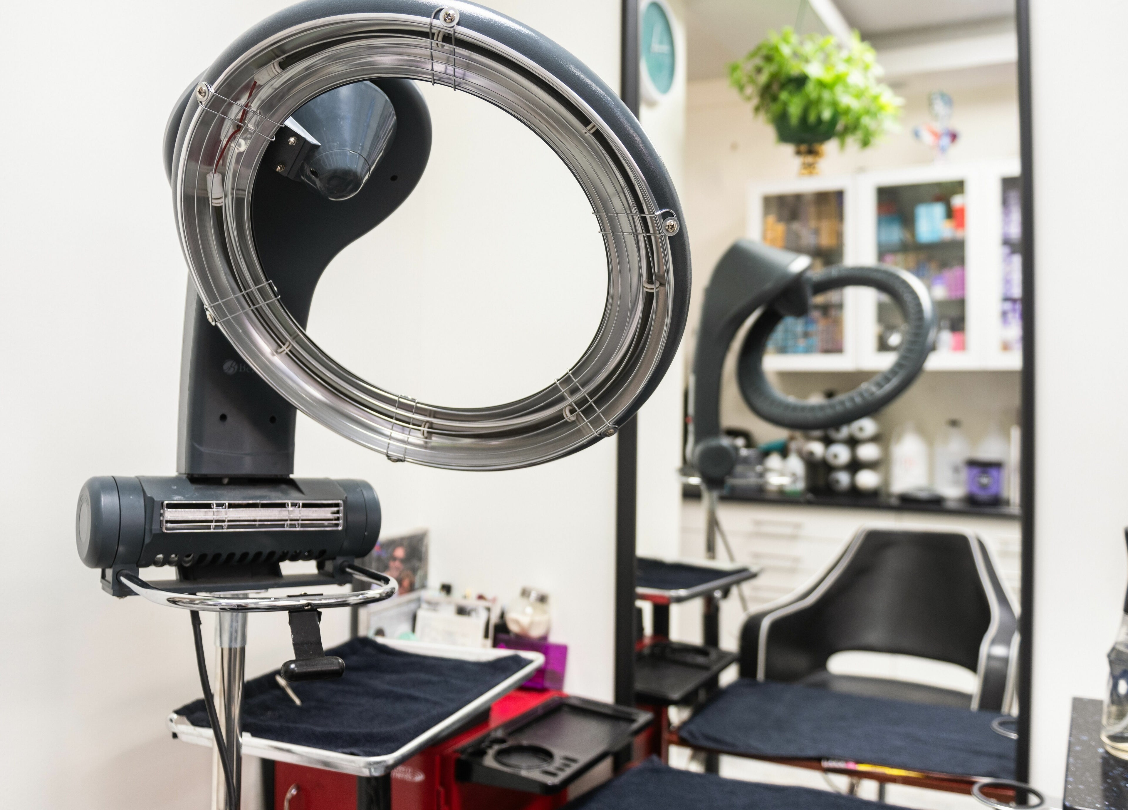 Hair styling equipment at Balayage Studio, New York, New York, US, highlighting a modern salon setup.