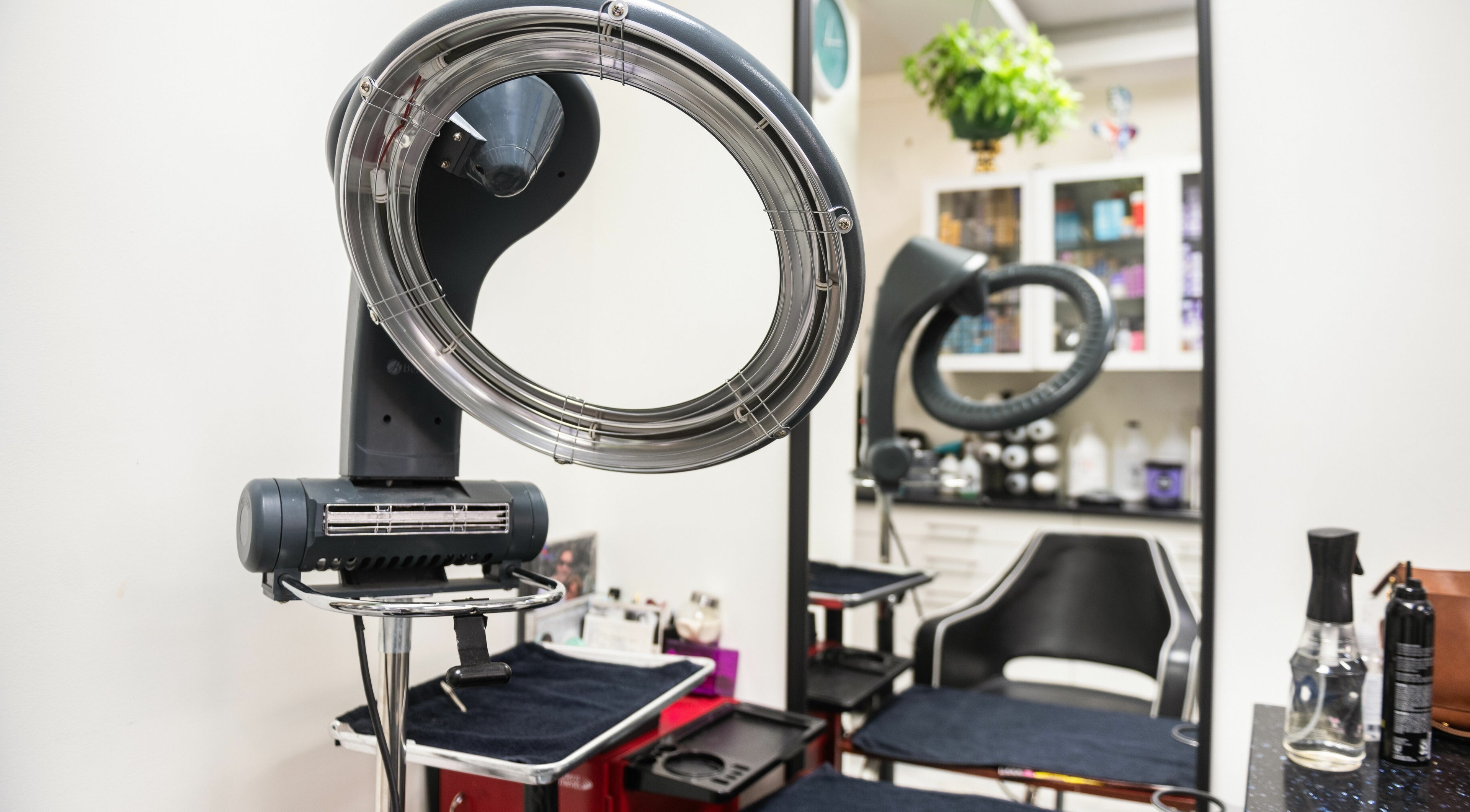 Hair styling equipment at Balayage Studio, New York, New York, US, highlighting a modern salon setup.