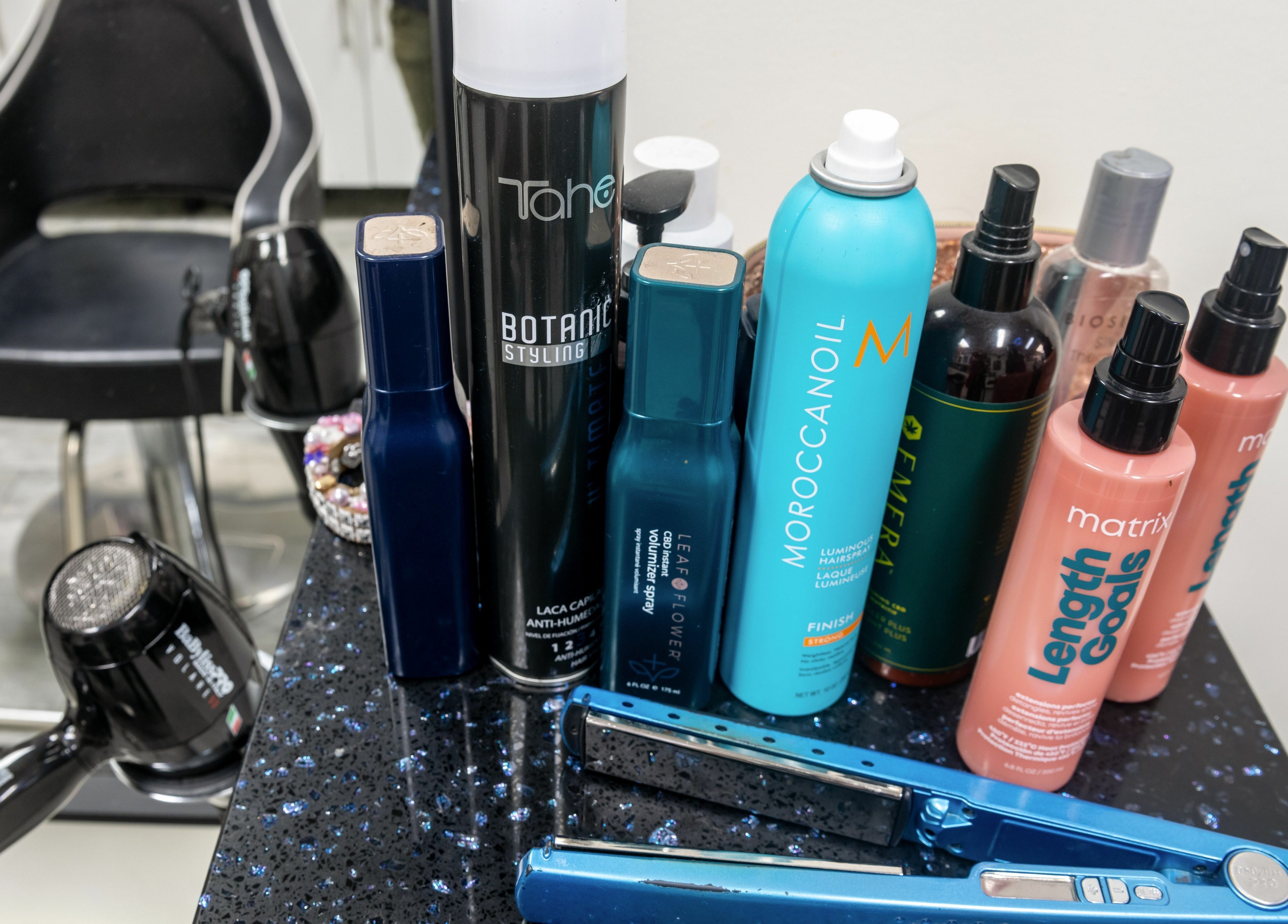 Hair products and tools at Balayage Studio, New York, New York, US, ready for styling.