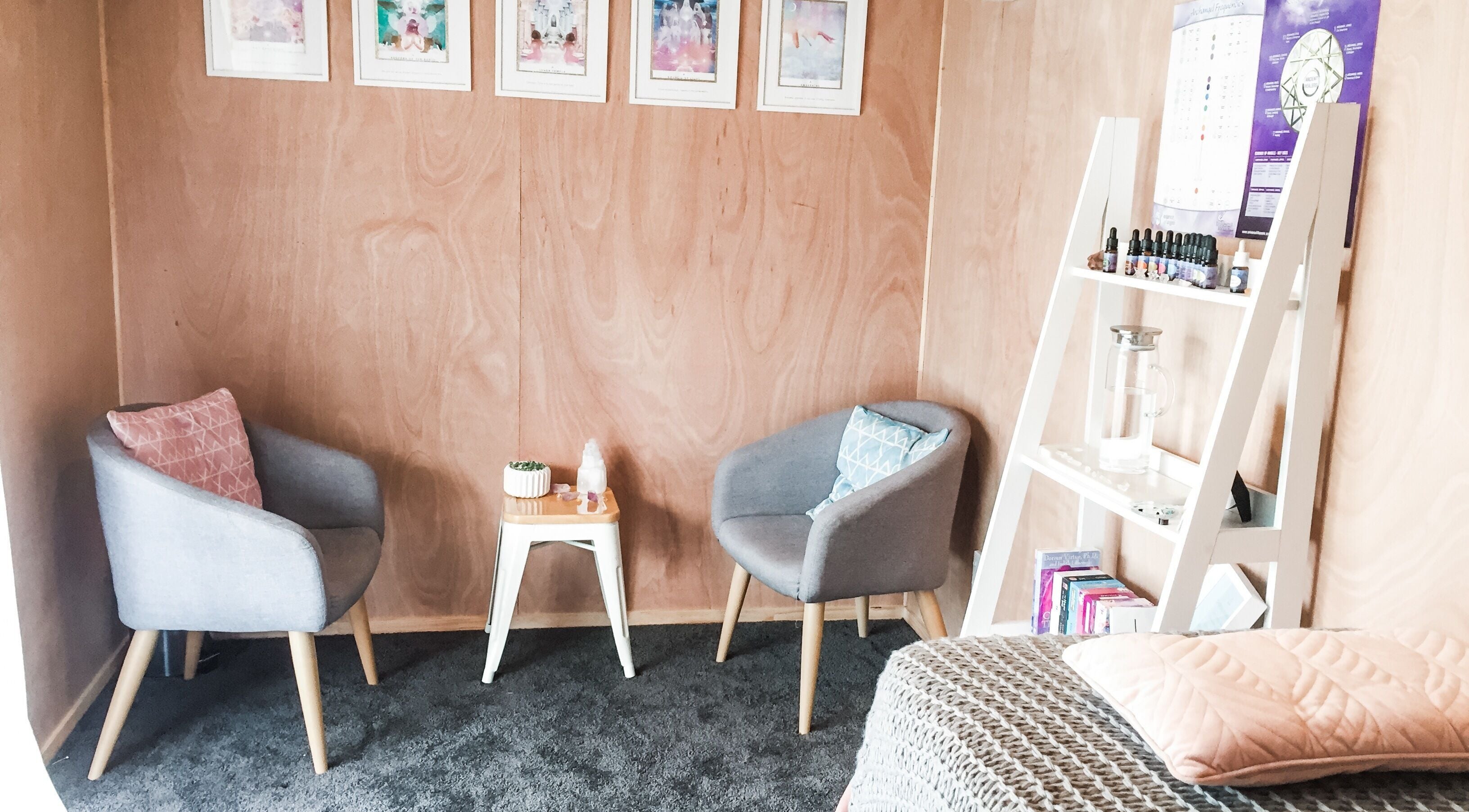 Tranquil consultation area at Kylie Paekau, Hamilton, Waikato, NZ, featuring chic decor and comfort.