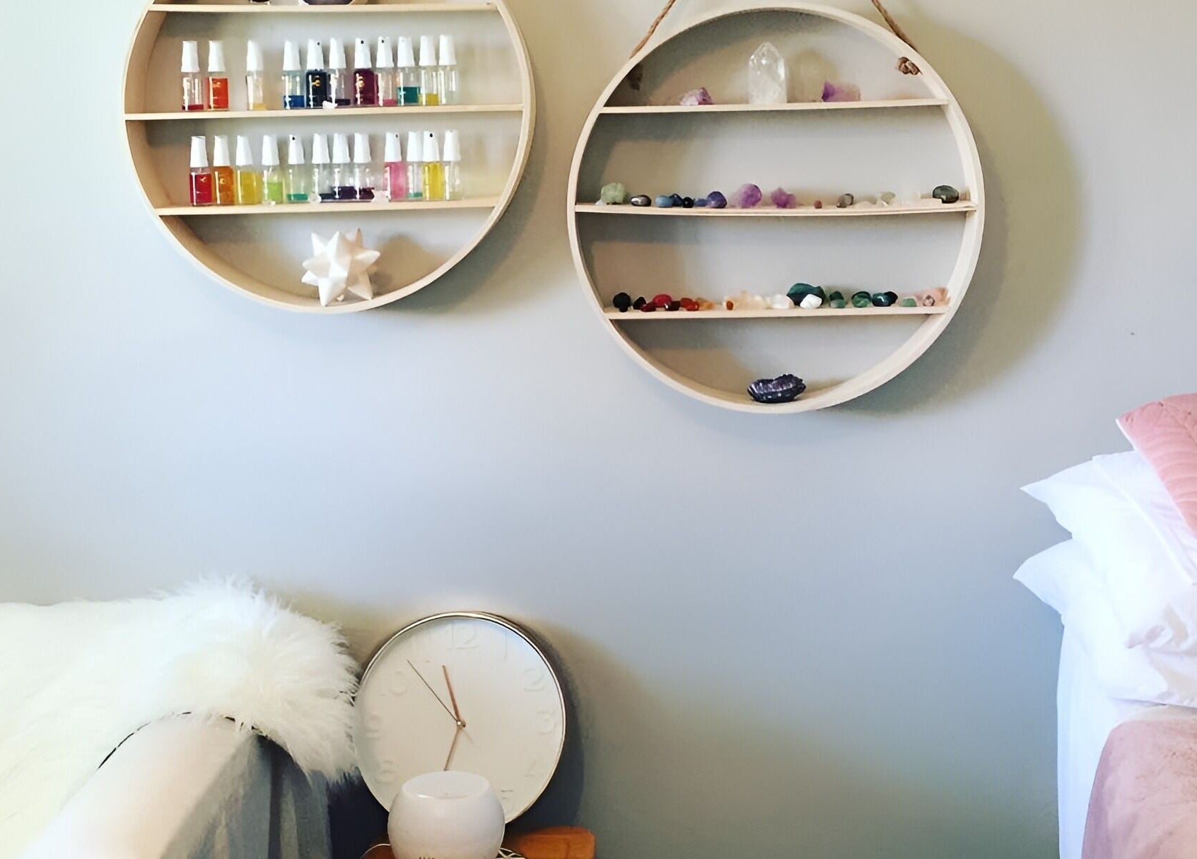 Relaxing treatment room at Kylie Paekau, Hamilton, Waikato, NZ with essential oils and crystals on display.