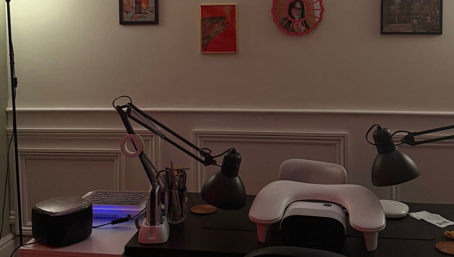 Modern nail care station at HT Collective, Dronfield, England. Elegant lighting enhances soothing ambiance.