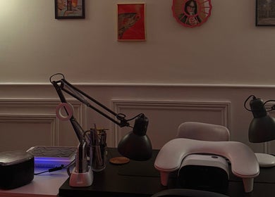 Modern nail care station at HT Collective, Dronfield, England. Elegant lighting enhances soothing ambiance.