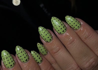 Green polka dot nail art by HT Collective, Dronfield, England, GB.