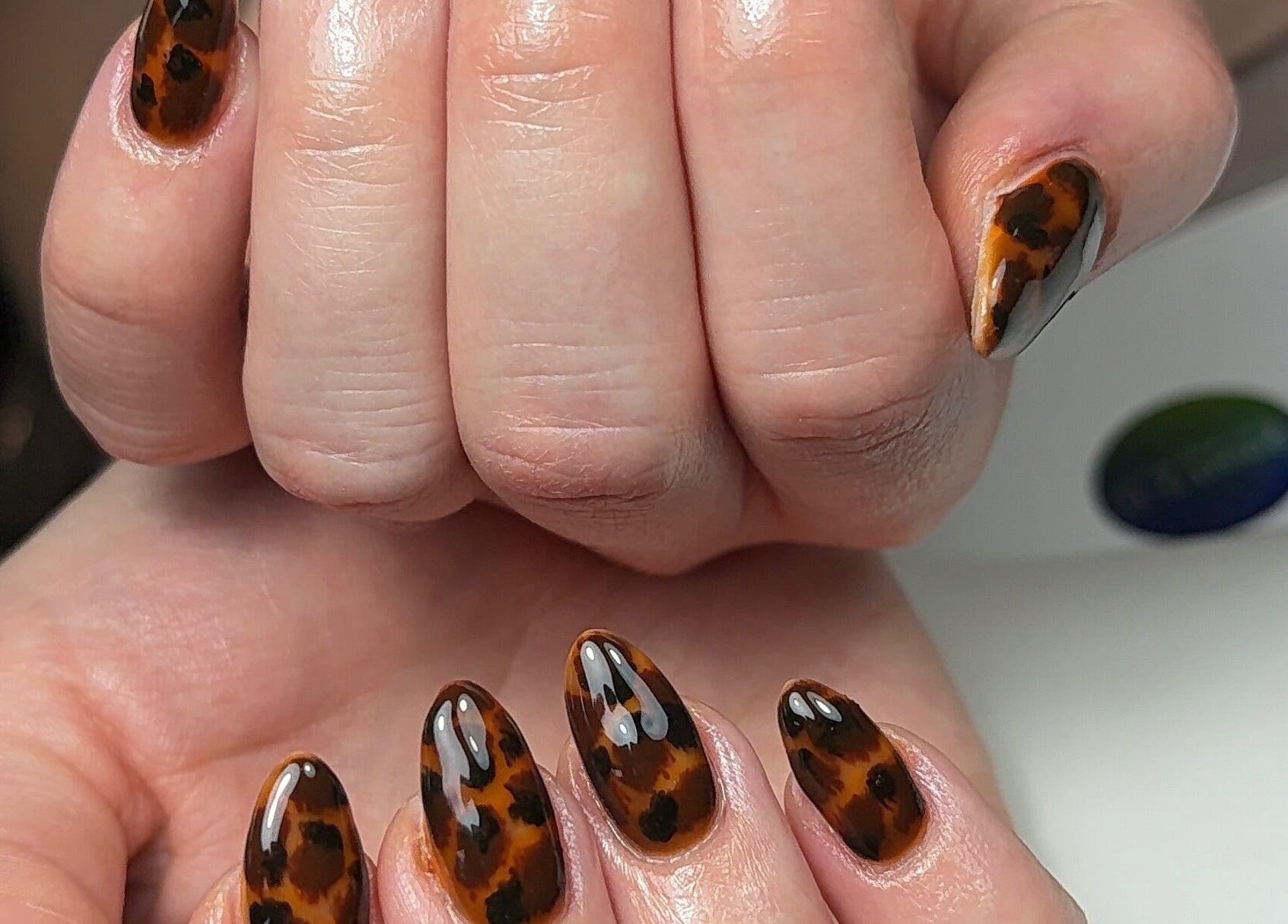 Tortoise shell nail design at HT Collective, Dronfield, England, GB, showcasing elegant artistry.