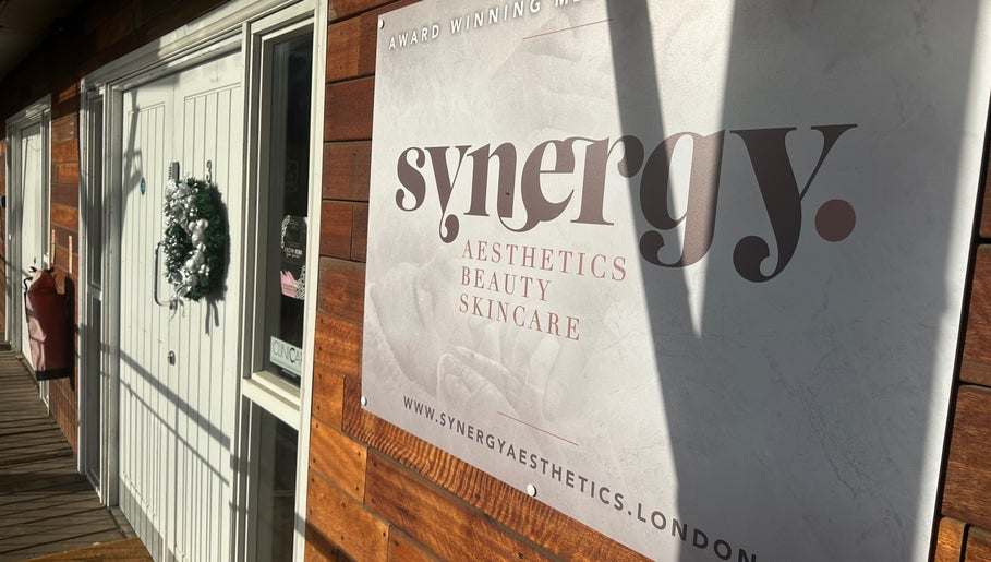 Synergy aesthetics sign at Carley Burke Aesthetics, Bexley, England, GB