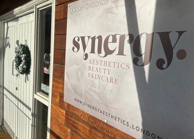 Synergy aesthetics sign at Carley Burke Aesthetics, Bexley, England, GB