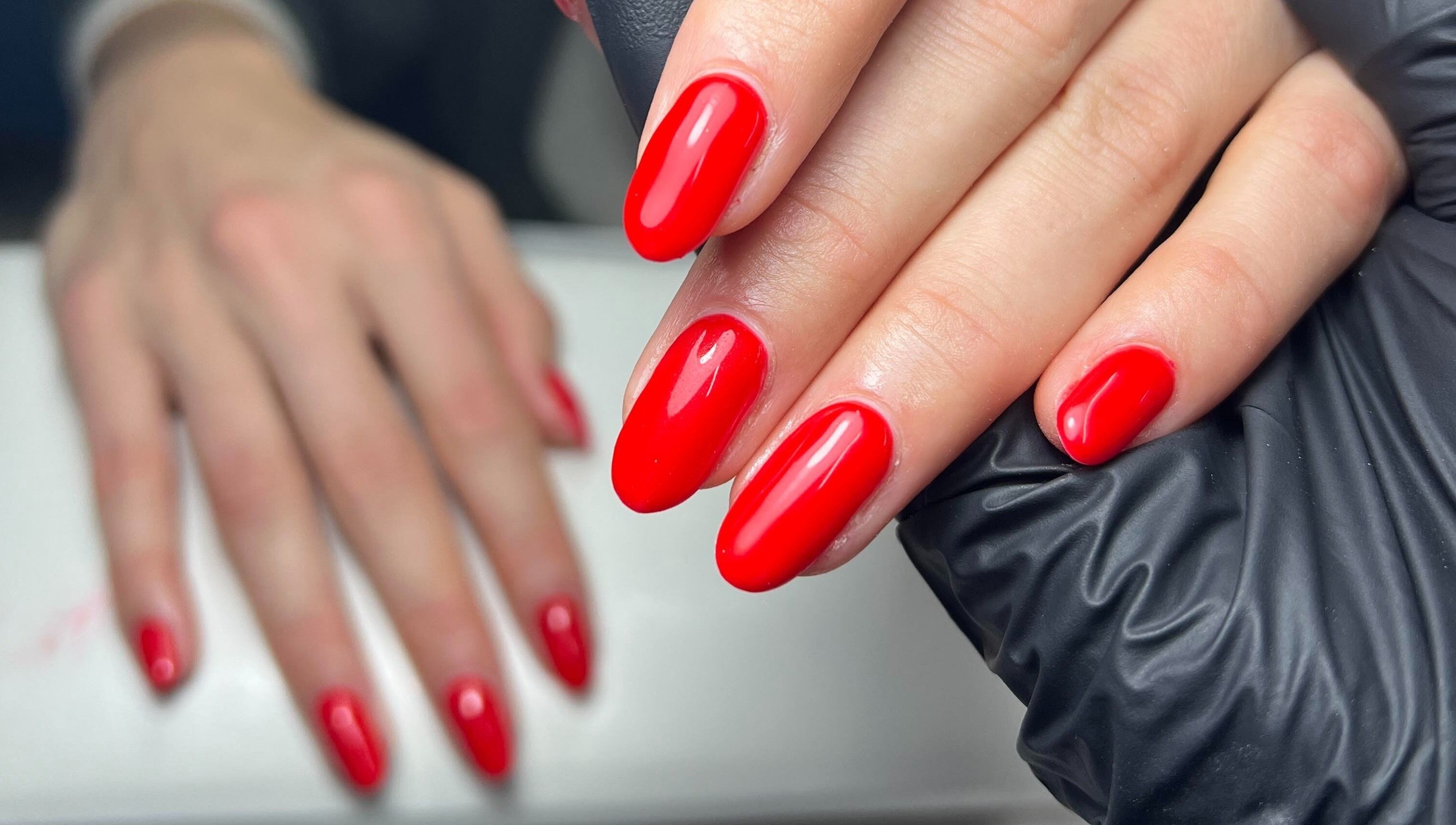 Beautiful red manicured nails at Megs Manicures, Abbots Leigh, England, GB.