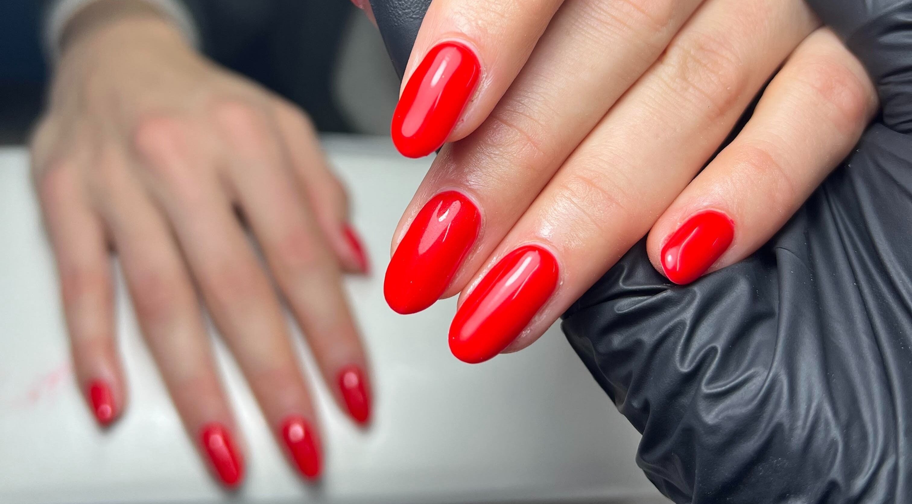 Beautiful red manicured nails at Megs Manicures, Abbots Leigh, England, GB.
