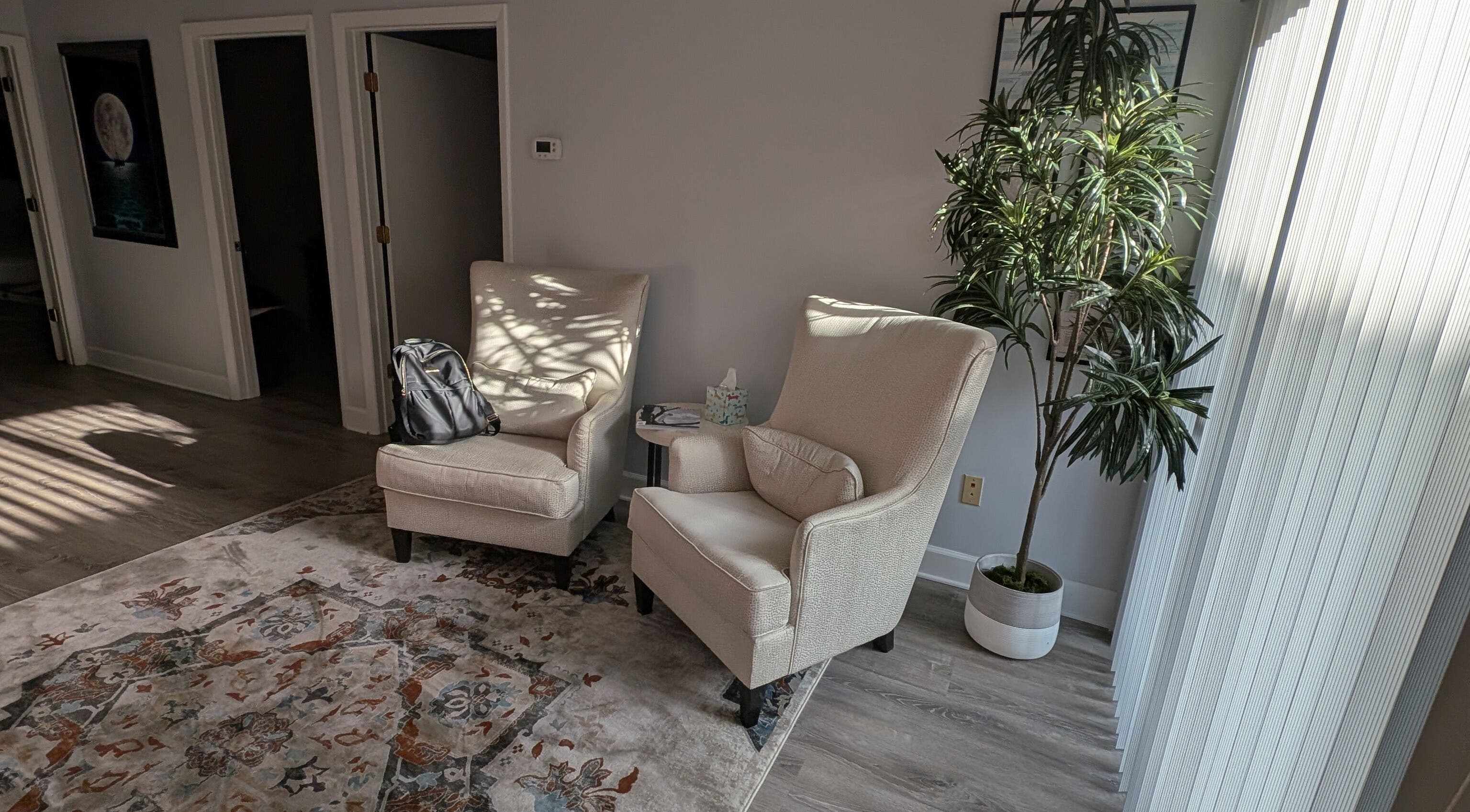 Inviting seating area with chairs and plant at Naples Healing Arts, Naples, Florida, US.