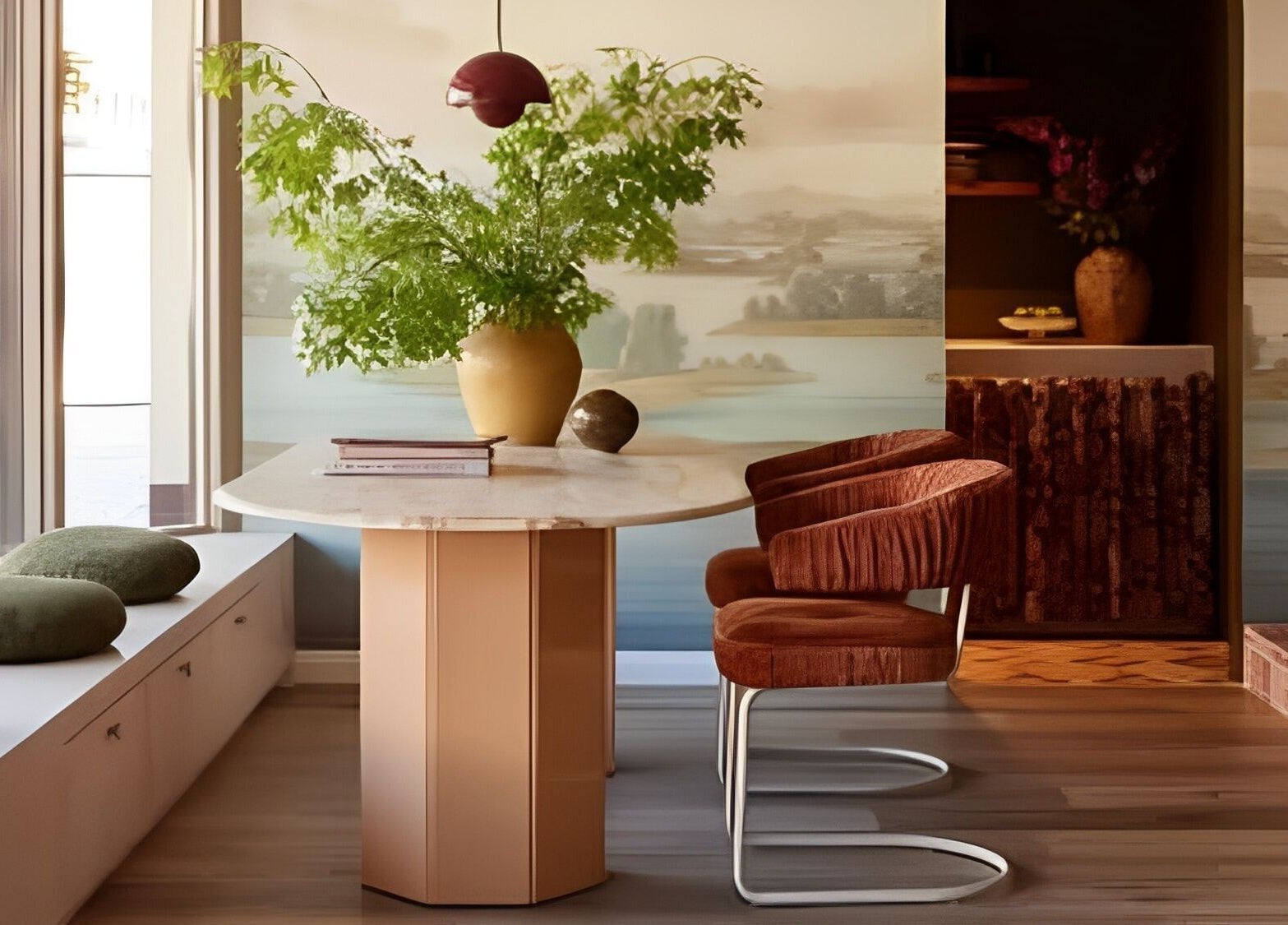 Elegant interior of Vincent & Dupree in Waverley, New South Wales, AU, showcasing a stylish table and lush greenery.