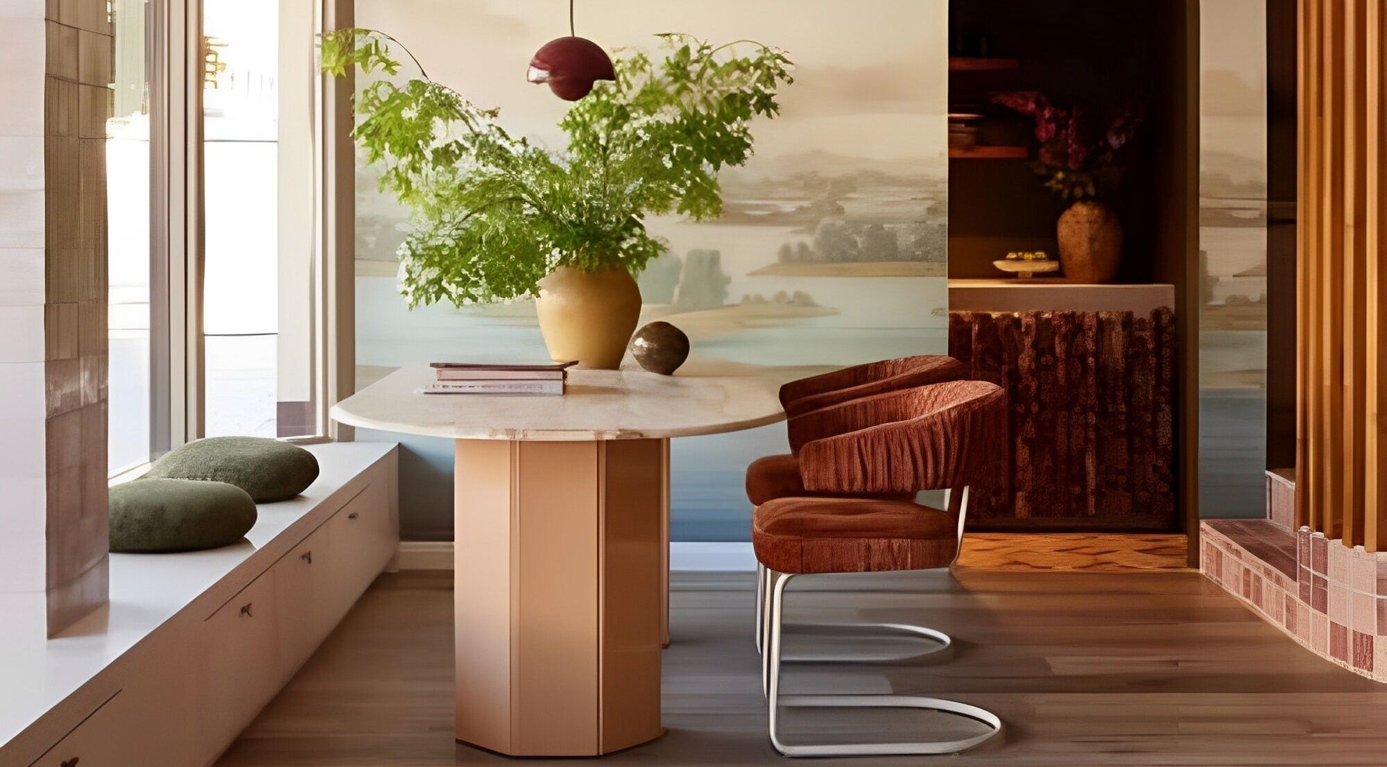 Elegant interior of Vincent & Dupree in Waverley, New South Wales, AU, showcasing a stylish table and lush greenery.