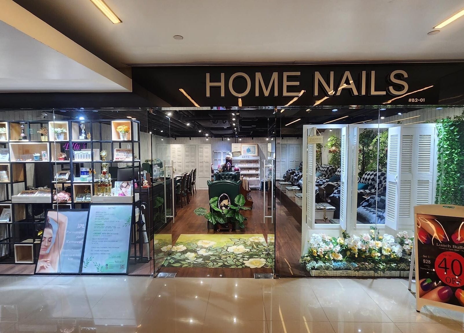 Exterior view of Home Nails, a chic beauty salon in Singapore, Singapore, SG with stylish decor and floral accents.