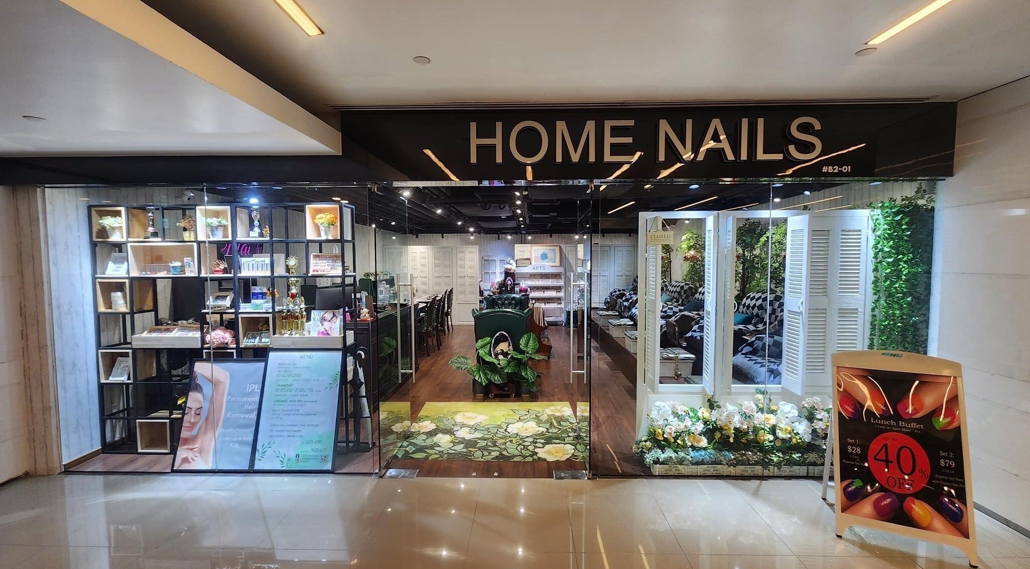 Exterior view of Home Nails, a chic beauty salon in Singapore, Singapore, SG with stylish decor and floral accents.