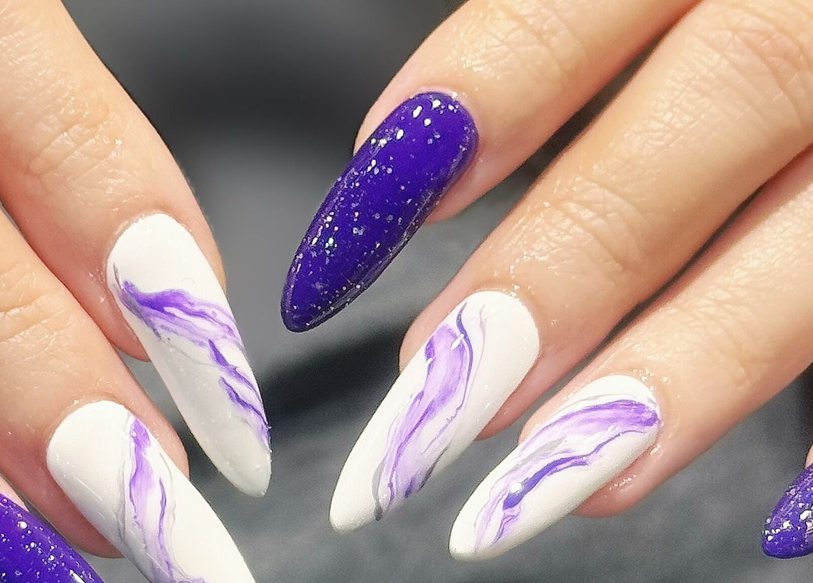 Elegant purple and white nail art at Home Nails, Singapore, Singapore, SG.