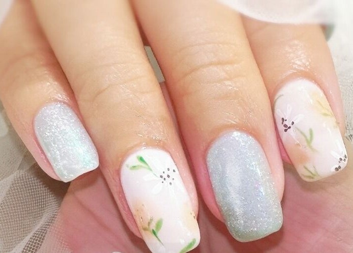 Elegant floral nail art with glitter at Home Nails, Singapore, Singapore, SG.