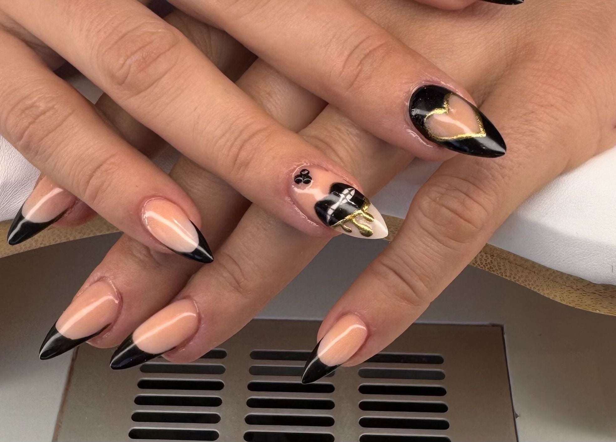 Elegant black and nude nail art at Diamond Nails by Mariela, Sindlesham, England, GB. Mobile service available.