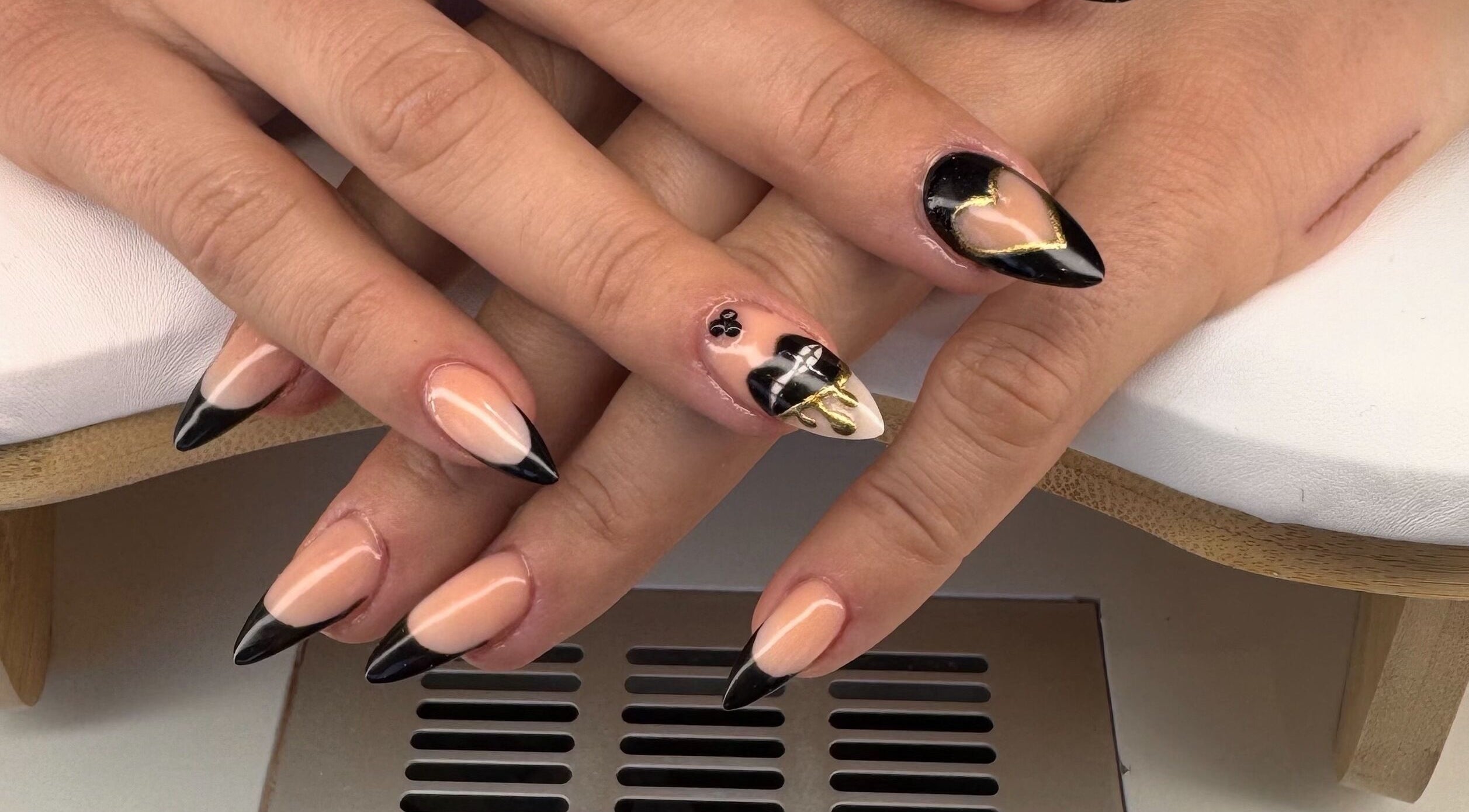 Elegant black and nude nail art at Diamond Nails by Mariela, Sindlesham, England, GB. Mobile service available.