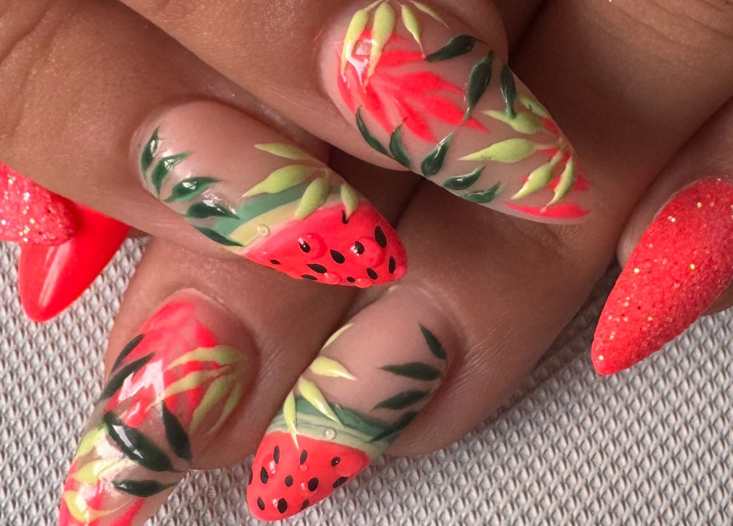 Vibrant tropical nail art at Diamond Nails by Mariela, Sindlesham, England, GB. Mobile service available.