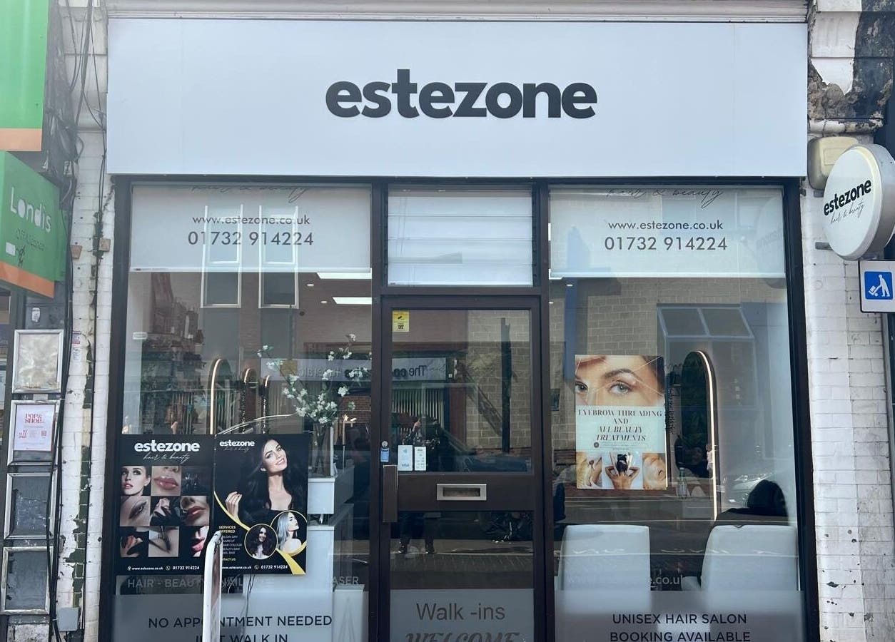 Front view of Estezone beauty and wellness venue in Tonbridge, England, GB, showcasing elegant salon entrance.