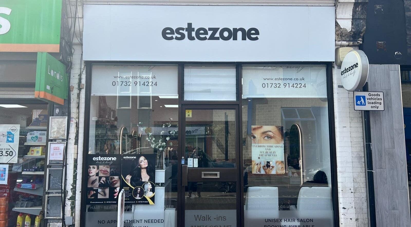 Front view of Estezone beauty and wellness venue in Tonbridge, England, GB, showcasing elegant salon entrance.
