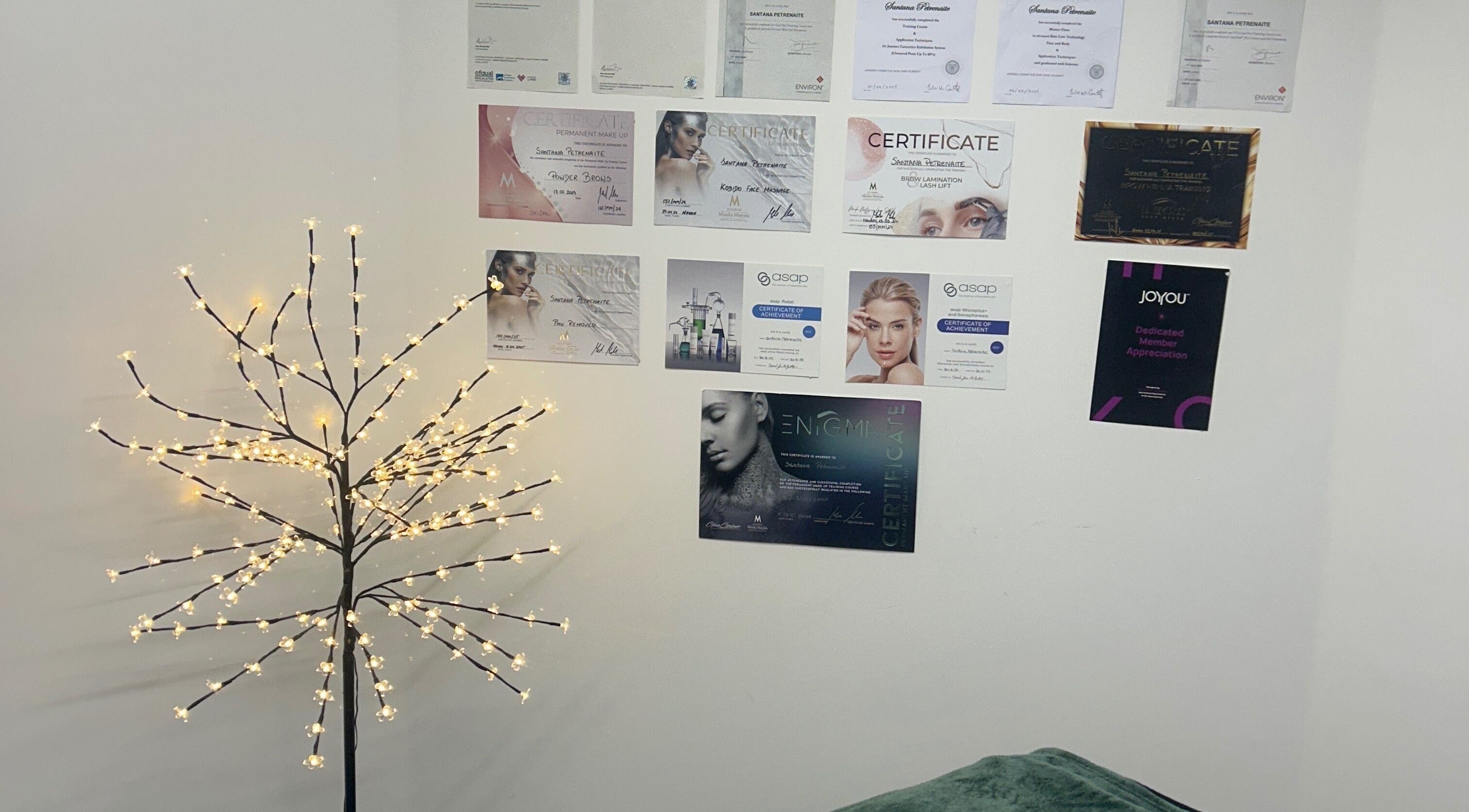 Elegant lit decor with certificates at Petren Aesthetics, Dublin, County Dublin, IE.
