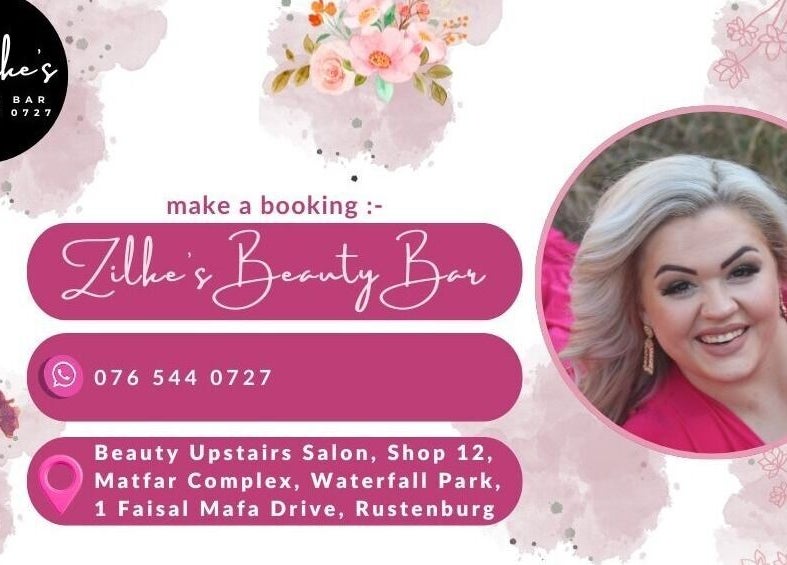 Zilke’s Beauty Bar promotional card with contact details, located in Rustenburg, North West, ZA.