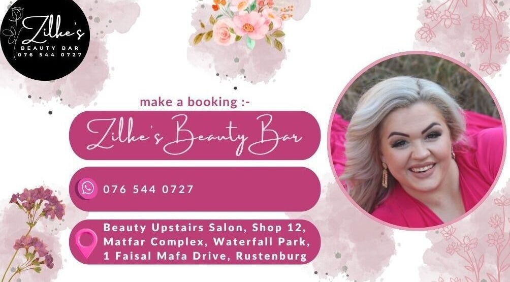 Zilke’s Beauty Bar promotional card with contact details, located in Rustenburg, North West, ZA.