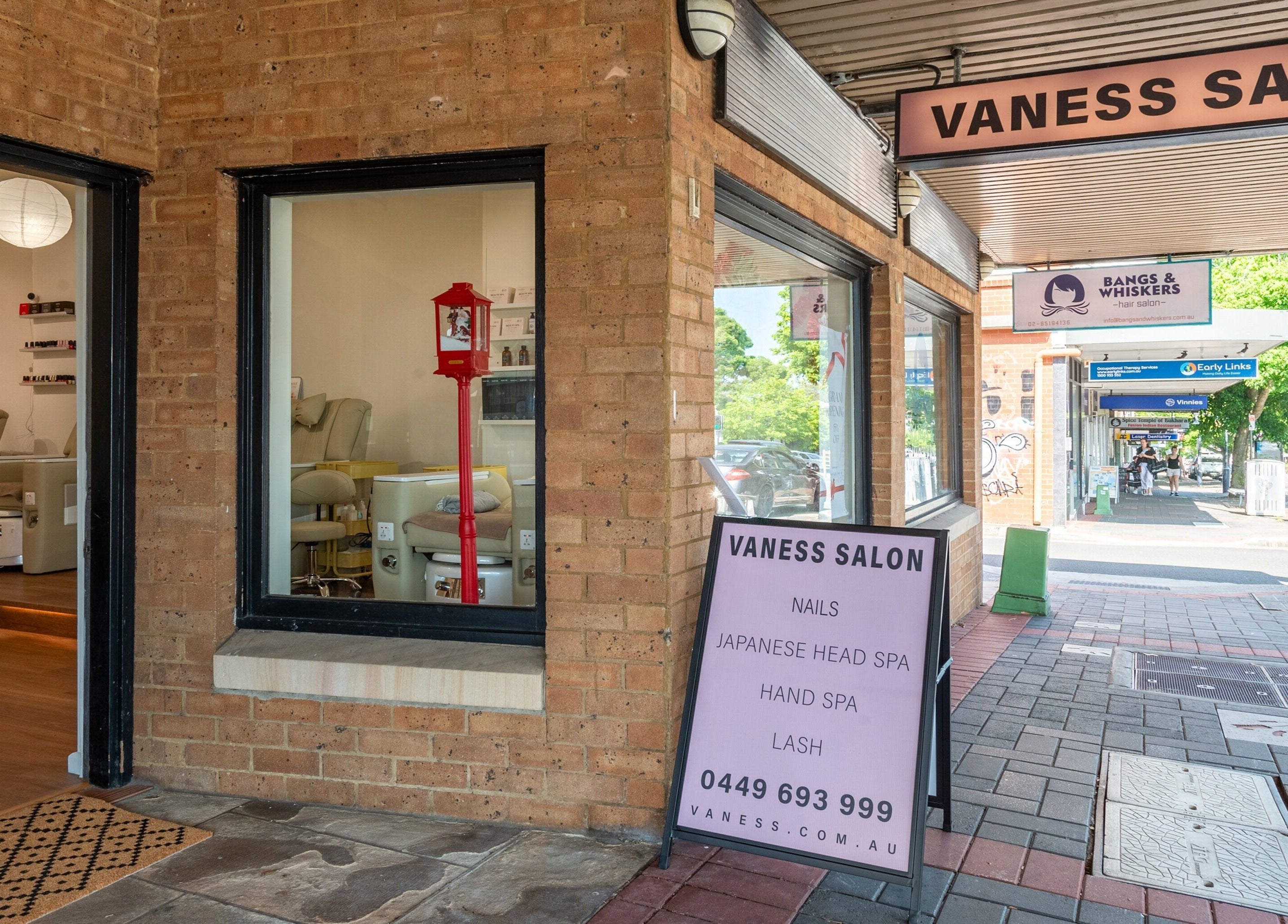 Vaness Salon exterior with signage, located in Caringbah, New South Wales, AU, offering beauty and wellness services.
