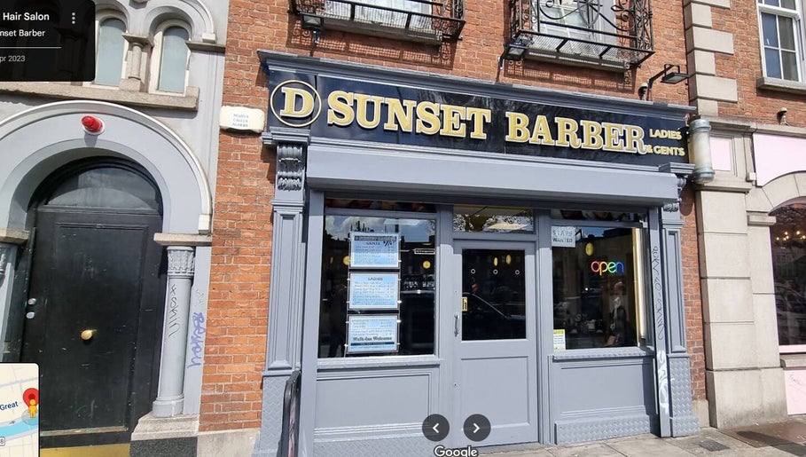 Front view of Sunset Barber Salon in Dublin 1, County Dublin, IE, with elegant signage and welcoming entrance.
