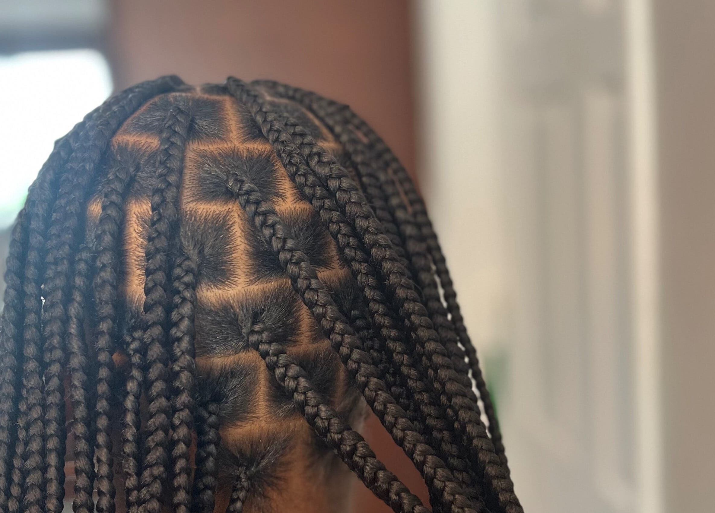 Intricate braided hairstyle at Berry’s Roots, Opa-locka, Florida, US salon.