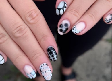 Stylish black and white nail art at Sunday Nail Club, Colchester, England, GB.