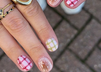 Detailed plaid nail art design at Sunday Nail Club in Colchester, England, GB offering unique styles.